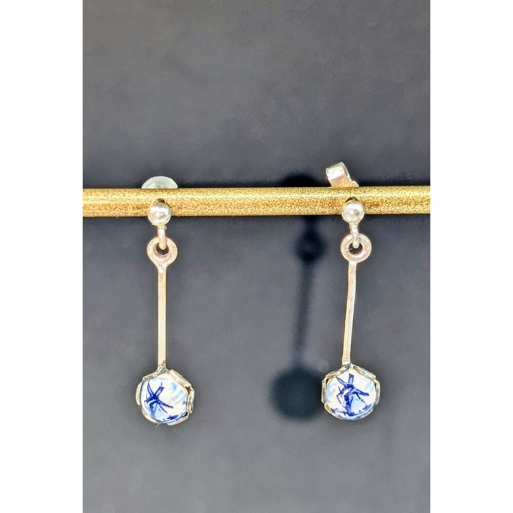 Vintage Delft Holland Ceramic Windmill Dangle Earrings
